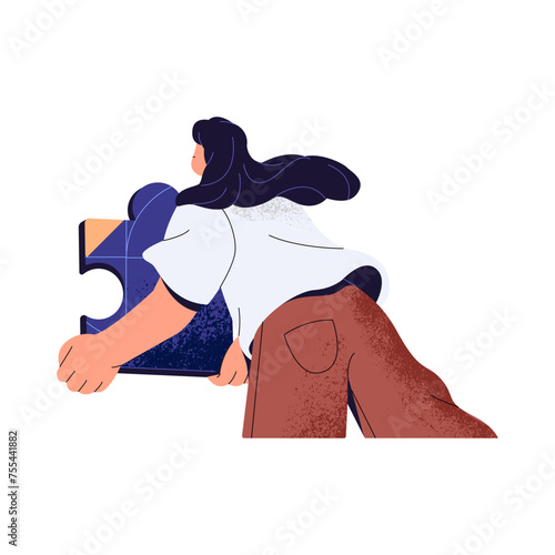 Young woman shares creative idea. Girl holds jigsaw piece in hands, carries puzzle, flying back view. Person offers part, gives of solution. Flat isolated vector illustration on white