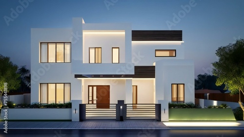 Modern two-story house illuminated at twilight with stylish exterior design and neat lawn. © samsul