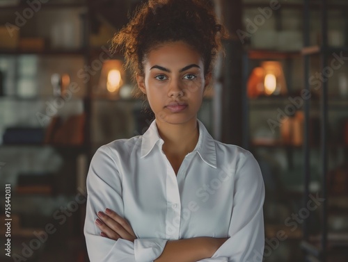 A poised young woman with crossed arms in a business setting exudes confidence and determination.