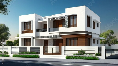 Modern two-story house with balconies, large windows, and wood accents, set against a clear sky. © home 3d