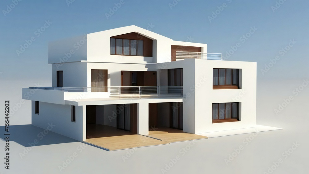 Modern two-story house with balconies and large windows on a white background.