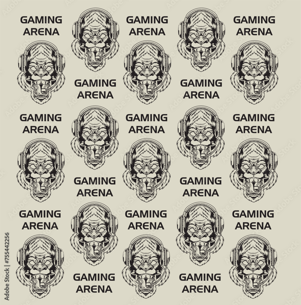 Vector Illustration of Gorillas with Headphone and GAMING ARENA text with Vintage Hand Drawing Style Available for Pattern