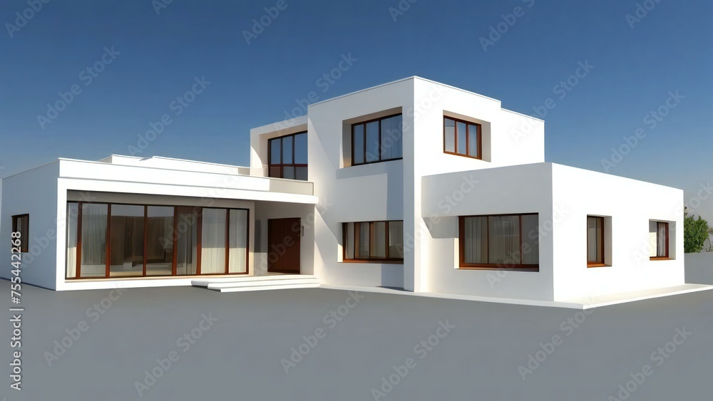 Modern white villa with large windows, contemporary architecture design, isolated on a clear day.