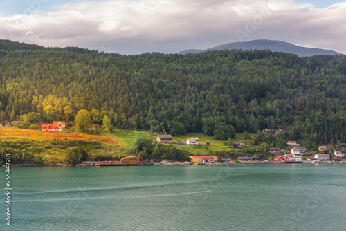 Norway, Olden village and fjord summer landscape