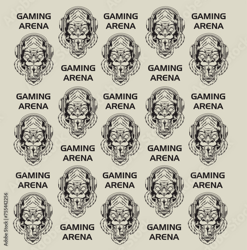 Vector Illustration of Gorillas with Headphone and GAMING ARENA text with Vintage Hand Drawing Style Available for Pattern