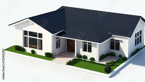 3D rendering of a modern suburban house with a dark roof and landscaped lawn on a white background.