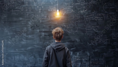 students in front of the blackboard are looking for ideas, with a light above the students symbolizing an idea emerging