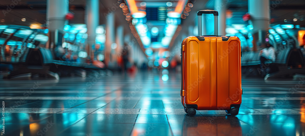 Bright orange suitcase in the modern airport, travel concept  - obrazy, fototapety, plakaty 