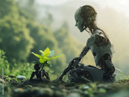 A robot kneeling beside a young plant, symbolizing hope and harmony between technology and nature.