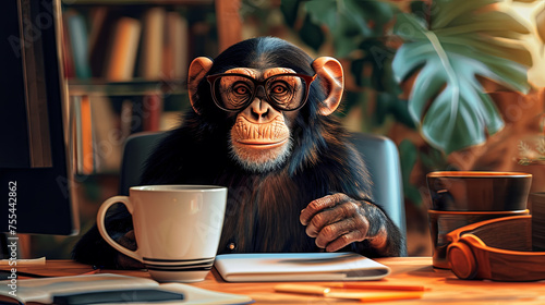 Chimpanzee is working in office with green houseplants