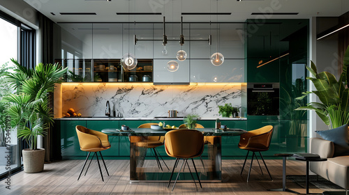 Contemporary interior design featuring a green kitchen
