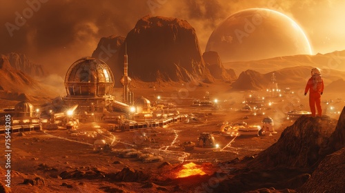 Space colony on Mars, imagining human life and habitats on another planet. photo