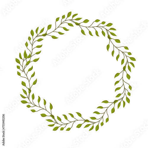Vector wreath of leaves. Decorative frame. Template for a postcard. Green circle of leaves and branches.