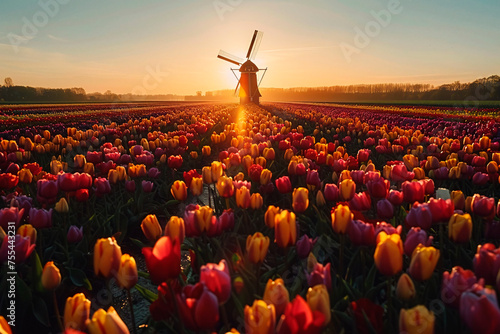 tulip field and windmill photo