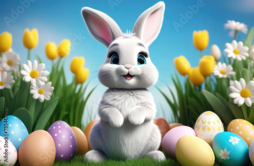 Cute Easter bunny with colorful easter eggs on green grass with spring flowers background