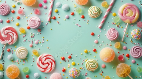 Colorful candies pastel green background