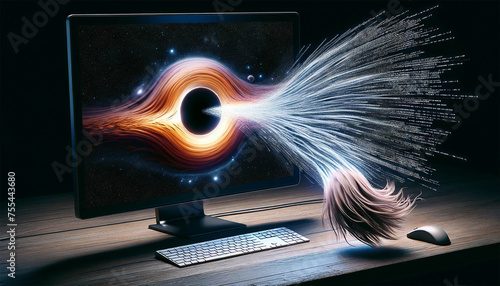 An image of a computer screen with a black hole in the center. A man is sucked into the screen. A slow, inevitable digital process.