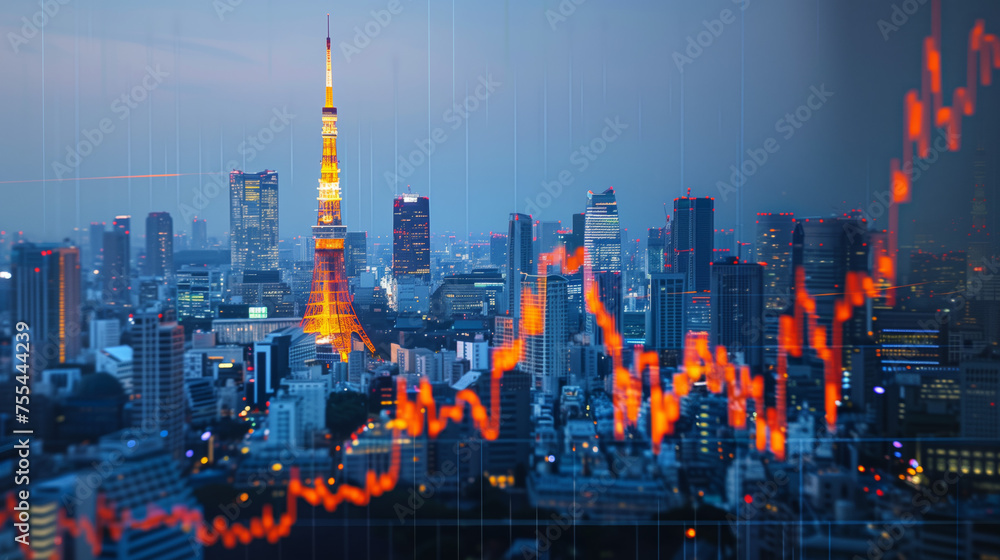 Tokyo Japan business skyline with stock exchange trading chart double exposure, Asia trading stock market digital concept - obrazy, fototapety, plakaty 