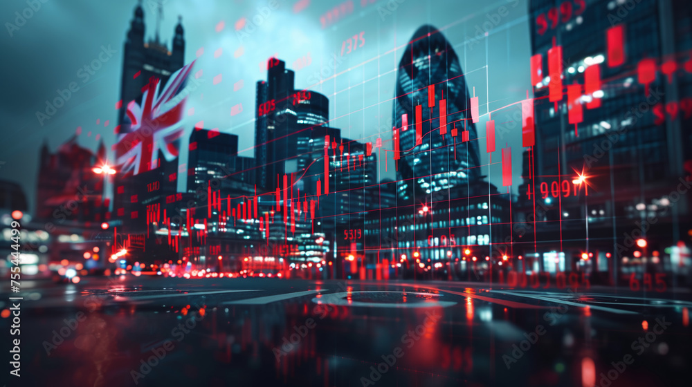 UK flag with stock exchange trading chart double exposure, British english trading stock market digital concept - obrazy, fototapety, plakaty 