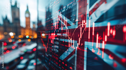 UK flag with stock exchange trading chart double exposure, British english trading stock market digital concept photo