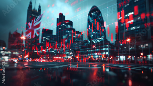 UK flag with stock exchange trading chart double exposure, British english trading stock market digital concept photo