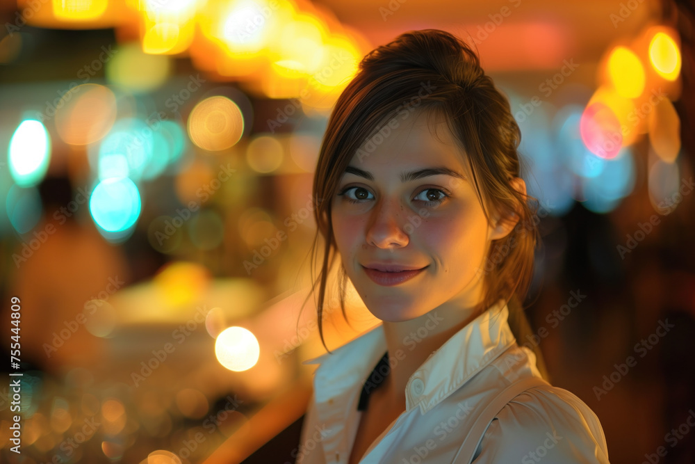 Portrait of hostess, blurred lights of an event space in the background. Long exposure, bokeh. Created with Generative AI technology. Portrait of hostess, blurred lights of an event space in the background. Long exposure, bokeh. Created with Generative AI technology.