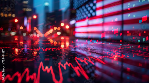 American flag with stock exchange trading chart double exposure, US trading stock market digital concept