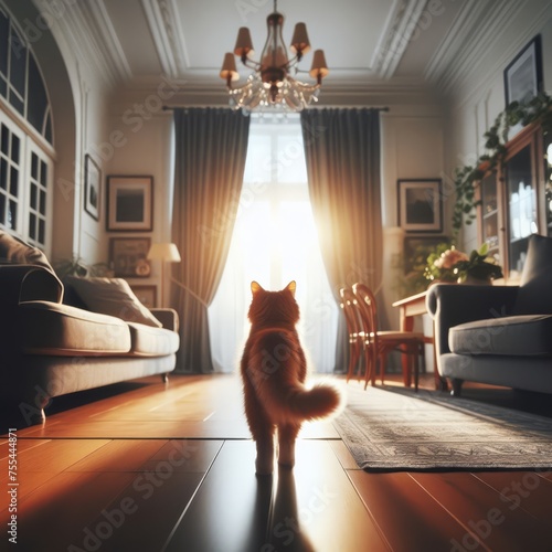 Rear end of a cat walking through a domestic home 