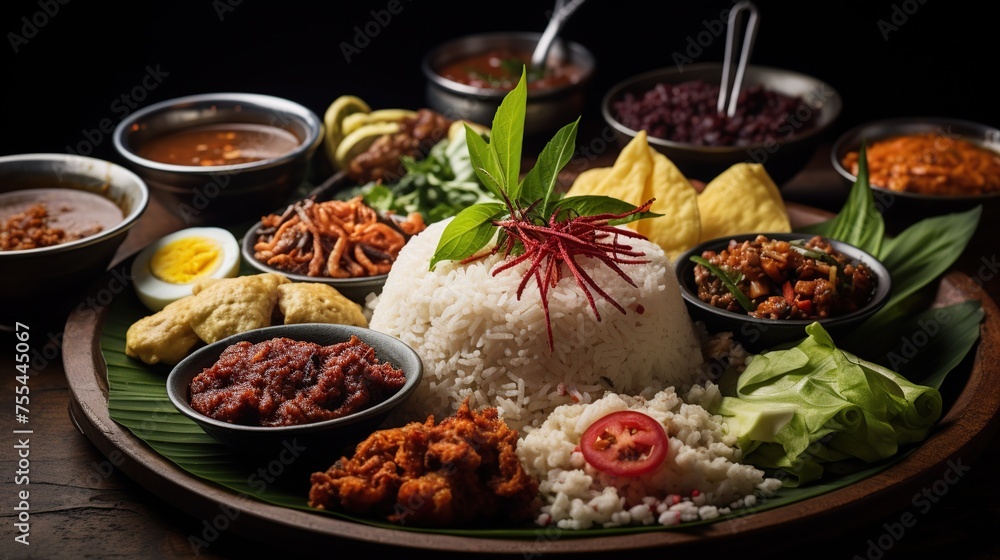 Indonesian Nasi Campur Bali. Popular Balinese meal of rice with variety side dishes.