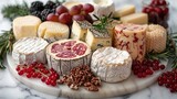 An artfully arranged selection of artisan cheeses and charcuterie, complemented by fresh berries and nuts, set against a marble backdrop, inviting a taste of gourmet sophistication.