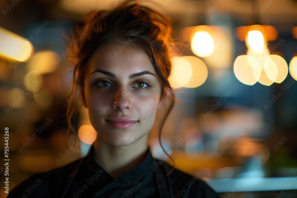 Portrait of hostess, blurred lights of an event space in the background. Long exposure, bokeh. Created with Generative AI technology. Portrait of hostess, blurred lights of an event space in the background. Long exposure, bokeh. Created with Generative AI technology.