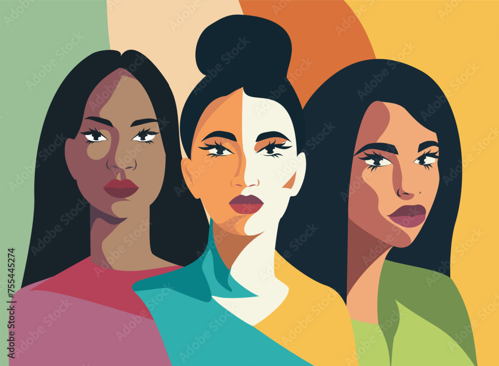 Women's Day banner. A group of beautiful women of different beauty and skin color. The concept of woman, femininity, independence and equality. Women empowerment vector illustration Women's Day banner. A group of beautiful women of different beauty and skin color. The concept of woman, femininity, independence and equality. Women empowerment vector illustration
