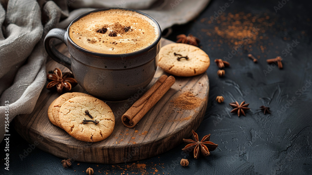 Fototapeta premium Cup of coffee with cookies and spices on dark background