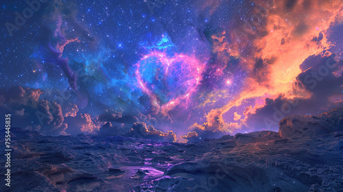 Cosmic heart nebula over an alien landscape