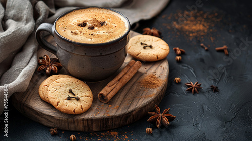 Cup of coffee with cookies and spices on dark background
