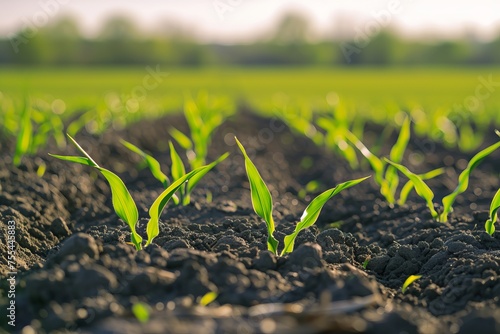 Young corn plants in rows