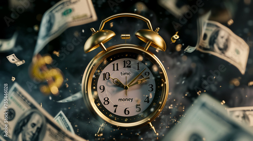 Golden alarm clock with dollars flying around on a dark background