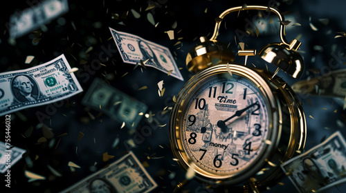 Golden alarm clock with dollars flying around on a dark background
