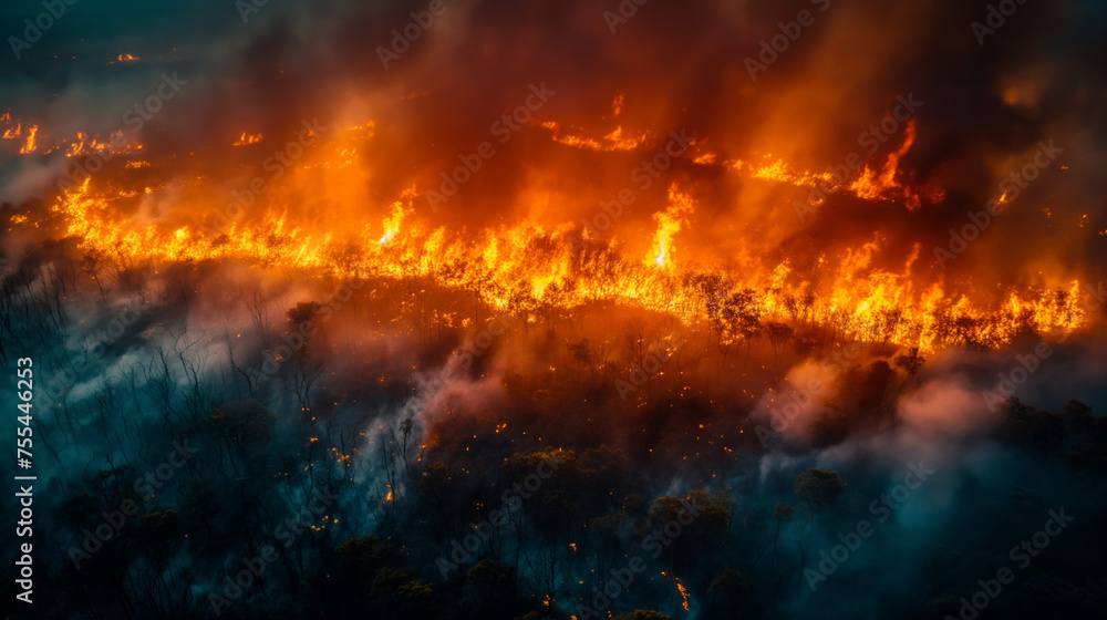 Flame over a burning forest, aerial view of a huge forest fire