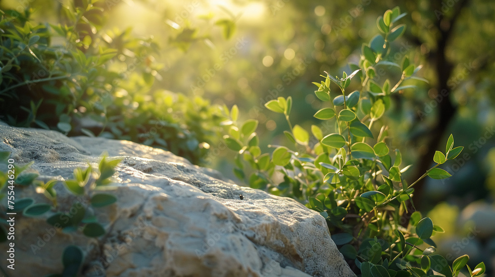 Sunlit stone surface with green plants in a natural setting Sunlit stone surface with green plants in a natural setting