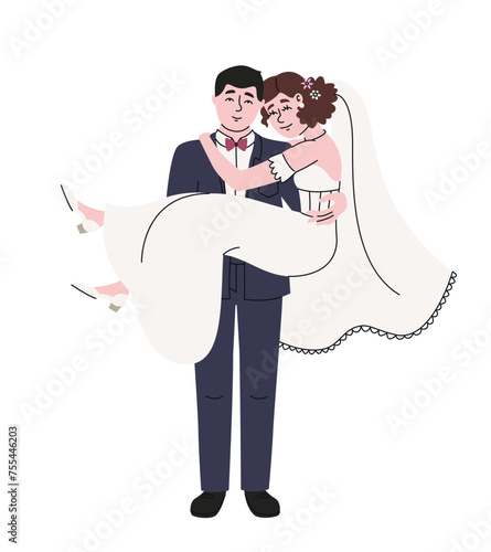 Groom holding bride in his arms. Wedding illustration in doodle style.