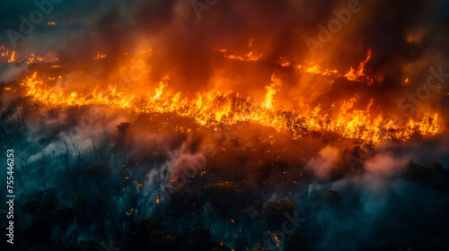 Flame over a burning forest, aerial view of a huge forest fire photo