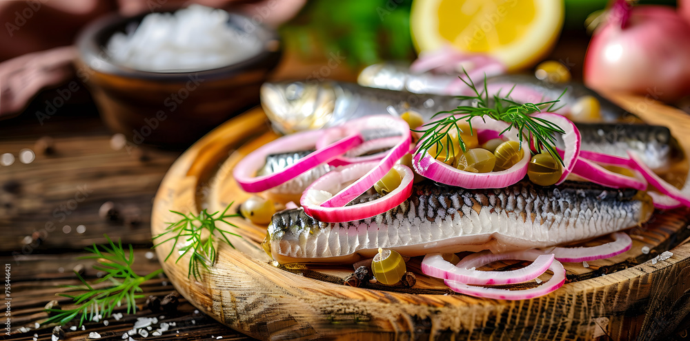 Herring with onion on rustic wooden plate