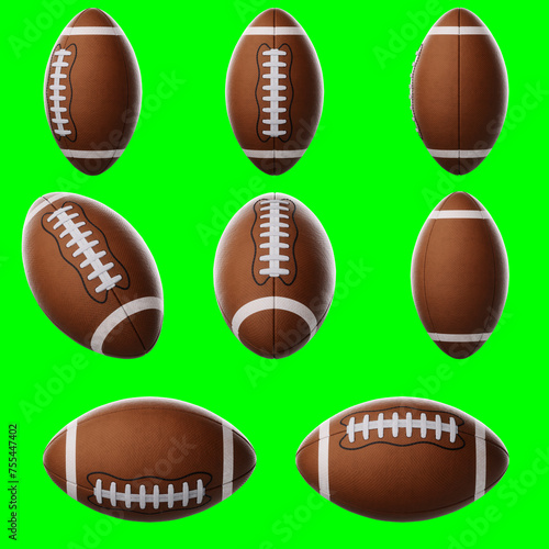 Set with leather balls for American football isolate on a white background. Playoff games  professional championship  football equipment  sports design. 3D renderer.