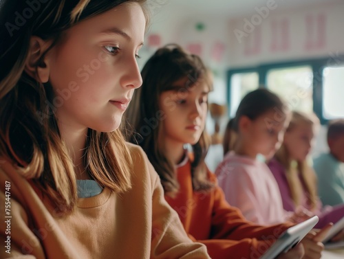 A group of attentive young students in casual clothes using tablets, absorbed in an educational activity in a bright classroom setting.