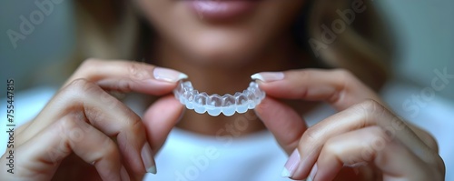 Dental mouth guard for teeth grinding held in womans hands . Concept Dental Care, Teeth Protection, Oral Health, Prevent Tooth Damage