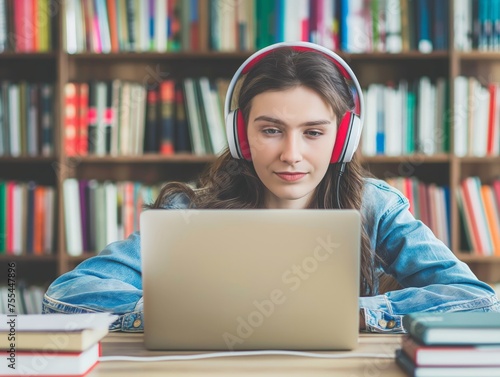 Young woman in casual attire focusing on laptop screen, wearing headphones, surrounded by books in a library setting.