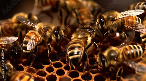 Macro view of the working bees on honeycells.