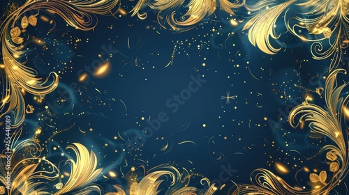Golden swirls and sparkles on blue background