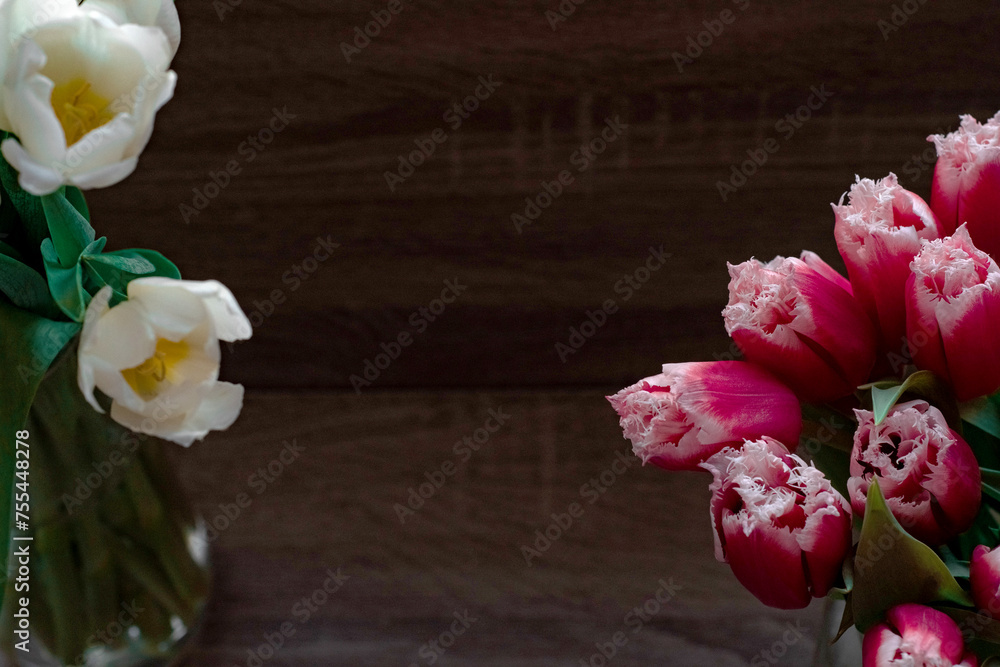 bouquet of beautiful spring flowers, white and red tulips. Woman day. Flower shop bouquet of beautiful spring flowers, white and red tulips. Woman day. Flower shop